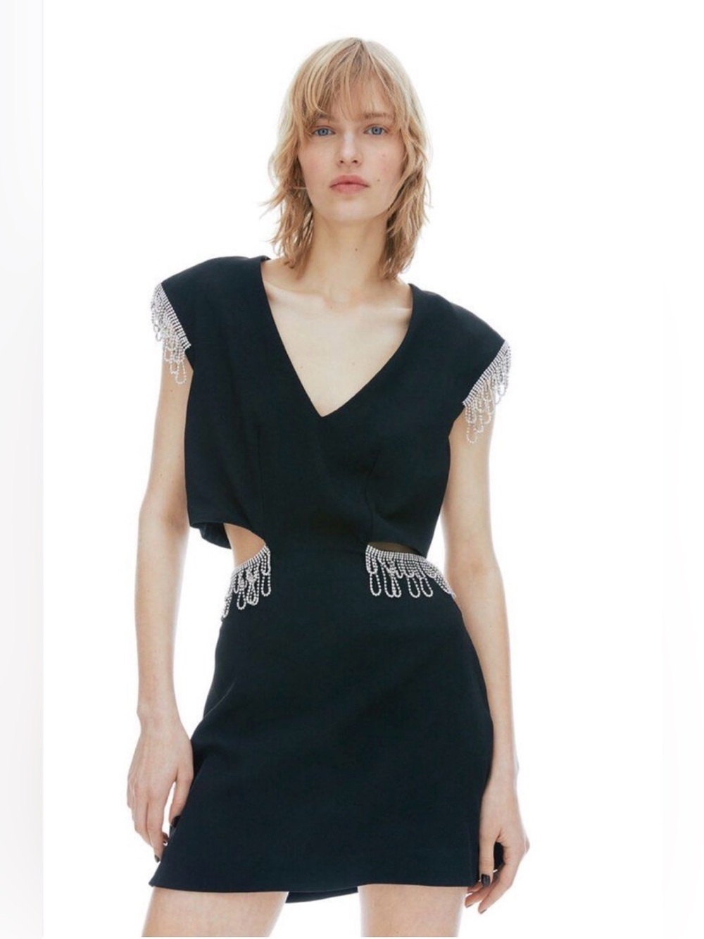 NWT H&M Studio 2022 Black Rhinestone Embellished Cutout Mini Black Dress Size 16
